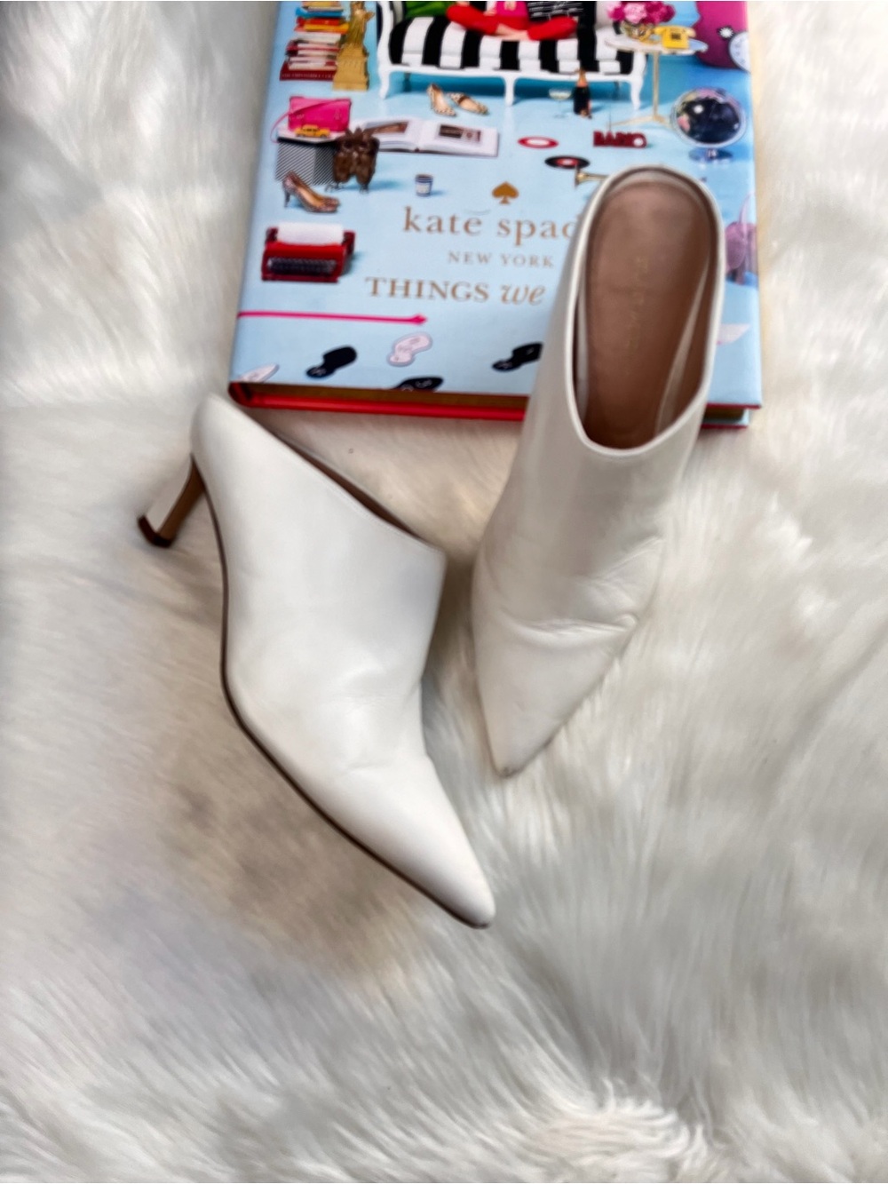 Stuart Weitzman White Pointed-Toe Leather Mule Heels